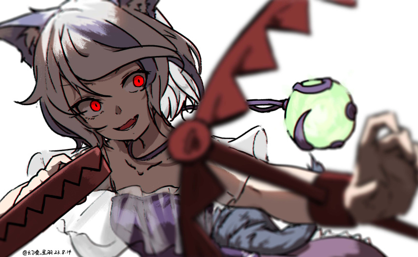 1girl absurdres animal_ears chinese_commentary collarbone dated dog_ears foothold_trap highres mitsugashira_enoko one-hour_drawing_challenge open_mouth purple_hair purple_shirt purple_skirt red_eyes shirt short_hair simple_background skirt solo touhou unfinished_dream_of_all_living_ghost ve1024 white_background white_hair