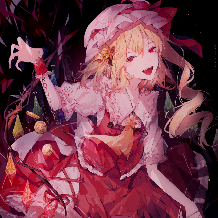 1girl absurdres ascot black_background blonde_hair chain collared_shirt crystal dark_background flandre_scarlet flower frilled_shirt_collar frilled_skirt frilled_sleeves frilled_vest frills hair_flower hair_ornament hat hat_ribbon highres laevatein_(touhou) long_hair looking_at_viewer mob_cap multicolored_wings one_side_up open_mouth puffy_short_sleeves puffy_sleeves red_eyes red_ribbon red_skirt red_vest ribbon sharp_teeth shirt short_sleeves simple_background skirt skirt_set solo teeth touhou umemaro_(siona0908) upper_teeth_only vest white_headwear white_shirt wings wrist_cuffs yellow_ascot yellow_flower