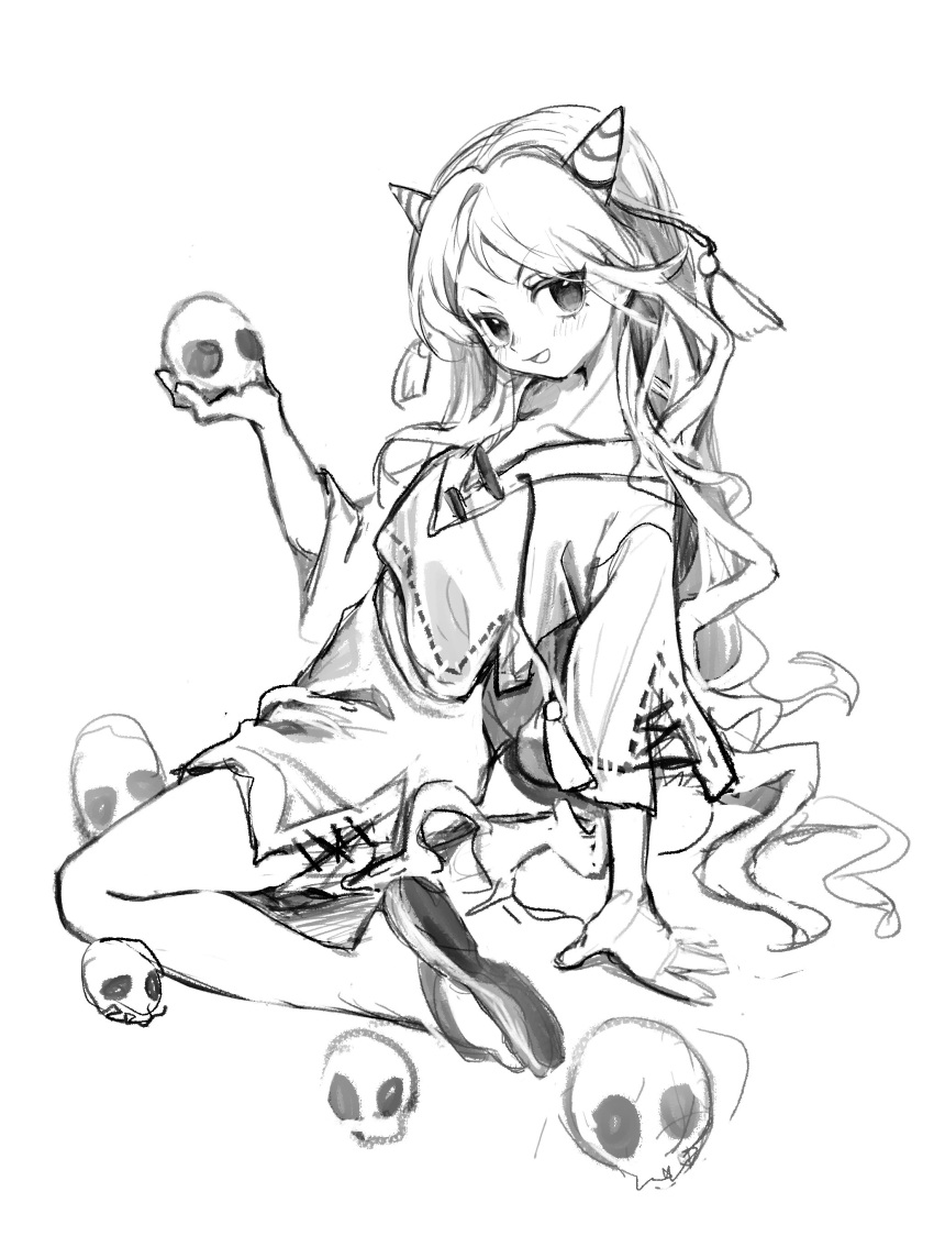 1girl 80isiiii absurdres blush full_body greyscale highres horns monochrome nippaku_zanmu oni_horns open_mouth parted_bangs sandals shirt short_sleeves shorts simple_background sketch skull smile solo touhou unfinished_dream_of_all_living_ghost white_background