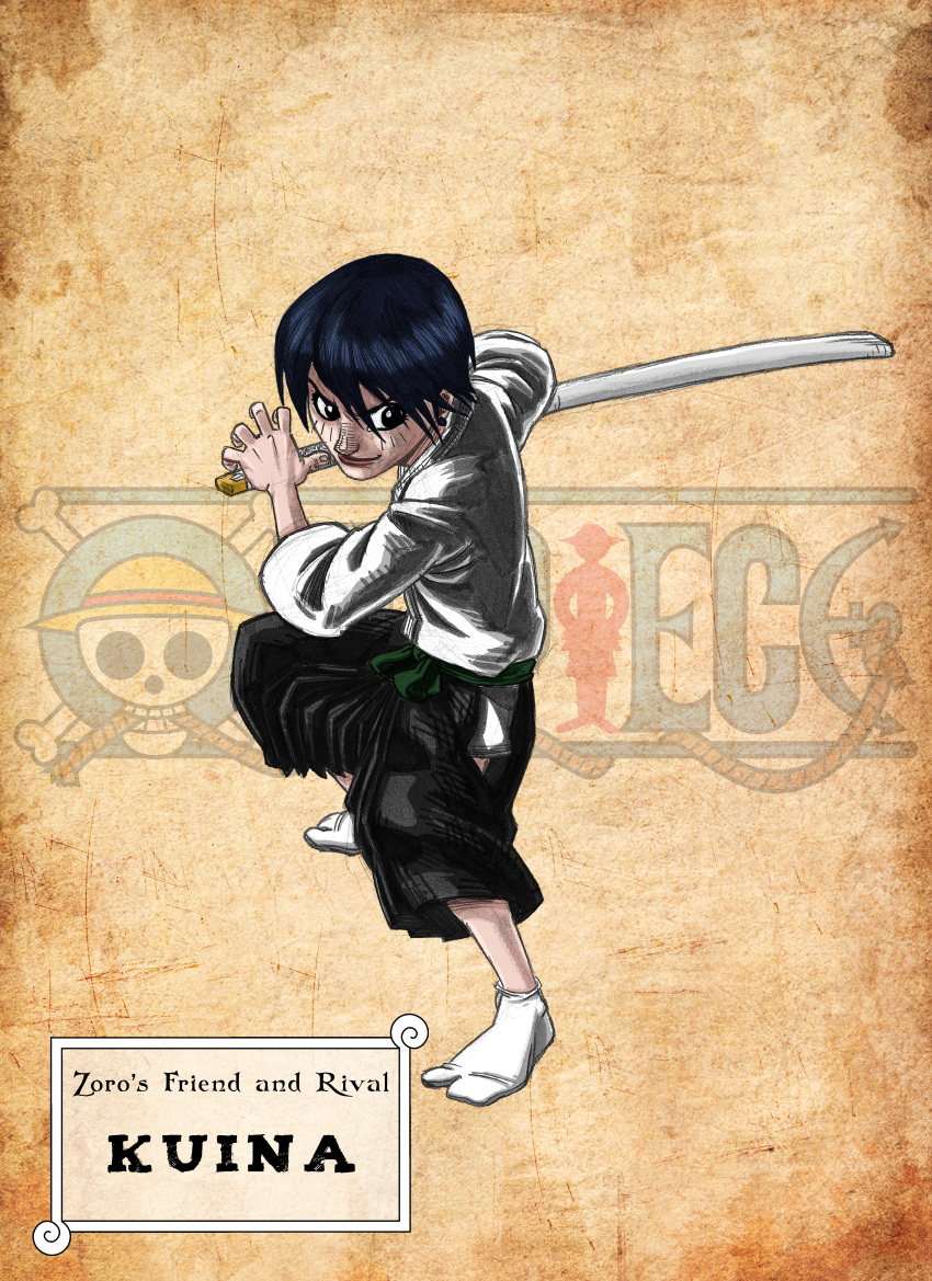 1girl absurdres black_hair blue_hair character_name closed_mouth dark_blue_hair electrocereal english_text fighting_stance full_body highres holding holding_sword holding_weapon japanese_clothes jolly_roger kuina logo one_piece short_hair smile socks solo straw_hats_jolly_roger sword traditional_clothes weapon white_socks
