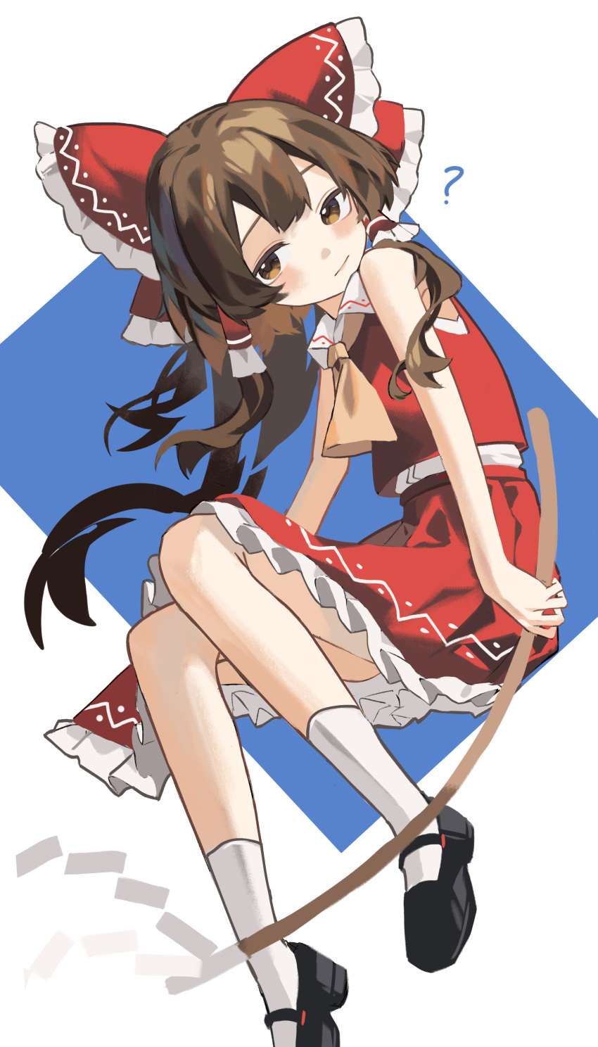 1girl ? absurdres ascot black_footwear bow brown_eyes brown_hair closed_mouth clynxen frilled_skirt frills gohei hair_bow hakurei_reimu highres holding holding_gohei japanese_clothes long_hair nontraditional_miko red_bow red_skirt shoes skirt socks solo touhou white_socks yellow_ascot