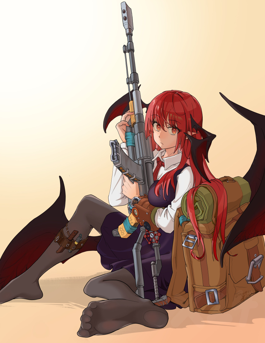 1girl :/ absurdres backpack bag bat_wings bedroll between_breasts black_pantyhose breasts buckle collared_shirt commentary_request dot_nose dreamerx24 dress dress_shirt eyelashes eyes_visible_through_hair full_body gun hair_between_eyes head_wings highres holding holding_gun holding_weapon koakuma large_wings leg_holster long_hair looking_at_viewer low_wings medium_breasts muzzle_device necktie no_shoes pantyhose pinafore_dress purple_dress red_eyes red_necktie red_wings redhead rifle shadow shirt sidelocks simple_background sitting sleeveless sleeveless_dress solo touhou very_long_hair watch watch weapon white_shirt wings yellow_background
