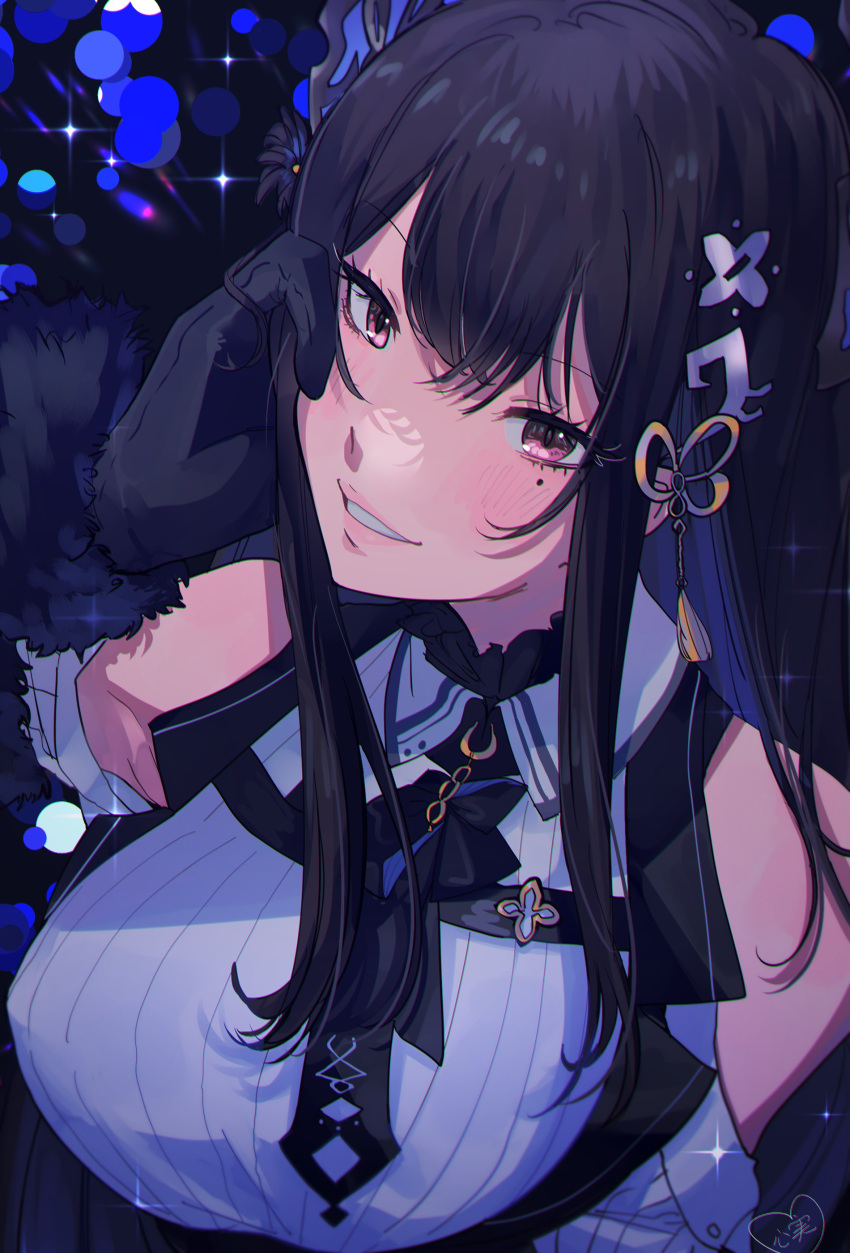 1girl absurdres black_gloves black_hair breasts clothing_cutout eyelashes gloves hair_ornament hand_on_own_face highres hololive hololive_english kokomi_(aniesuakkaman) long_hair looking_at_viewer mole mole_under_eye nerissa_ravencroft parted_lips shoulder_cutout smile solo upper_body virtual_youtuber