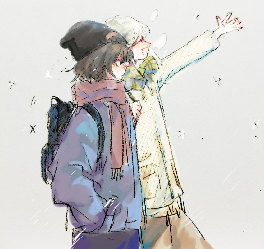 2others alternate_costume androgynous artist_request backpack bad_id bad_source bad_twitter_id bag beanie black_bag black_hair black_headwear blue_coat blue_pants blush brown_pants check_artist check_source closed_eyes closed_mouth coat enraku_tsubakura freckles from_side frown green_scarf grey_background hand_in_pocket hand_on_another's_shoulder hat highres houlen_yabusame len'en long_sleeves multiple_others mxx33 nose_blush open_mouth outstretched_arm pants plaid plaid_scarf pocket puffy_long_sleeves puffy_sleeves red_scarf scarf short_hair short_hair_with_long_locks smile snowing source_request white_coat white_hair