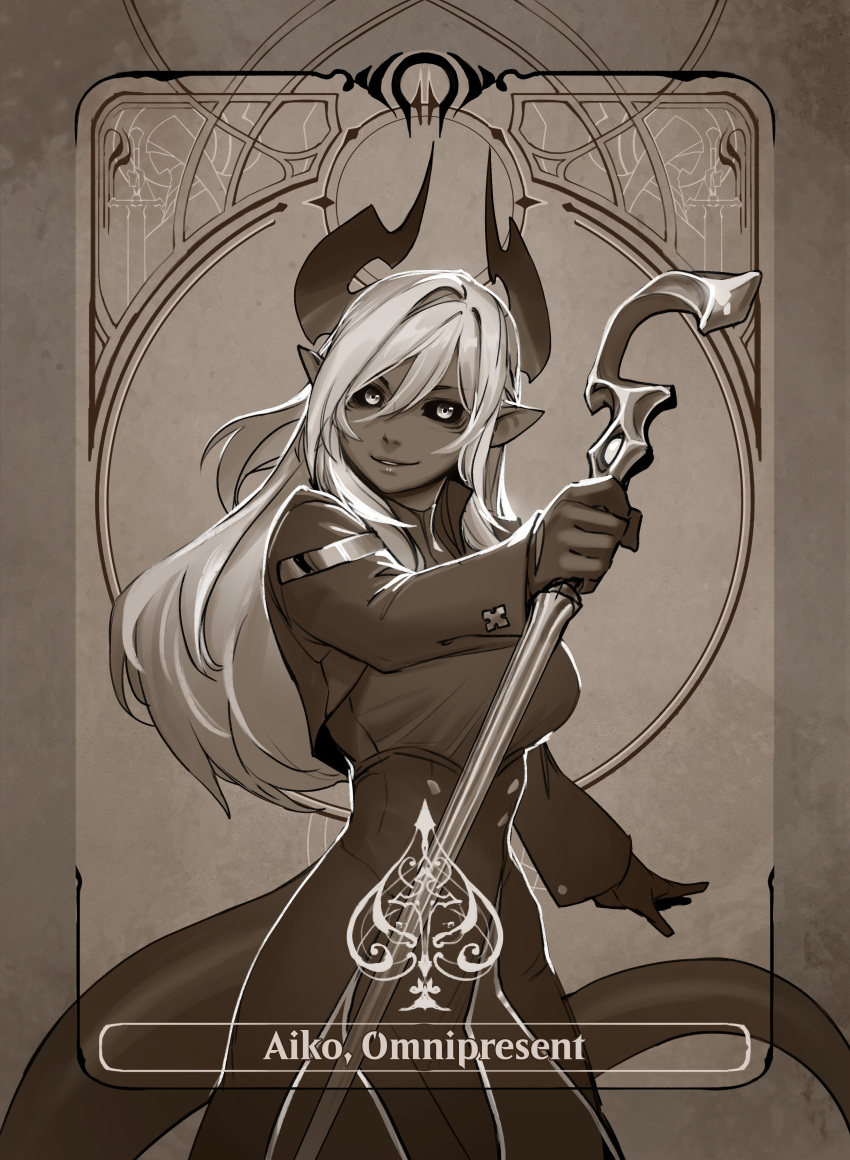 1girl absurdres aiko_(less) black_sclera character_name colored_sclera commentary cowboy_shot demon_girl demon_horns demon_tail english_commentary gloves greyscale hair_between_eyes highres holding horns less long_hair long_sleeves looking_at_viewer monochrome original pointy_ears smile solo tail tarot_(medium)