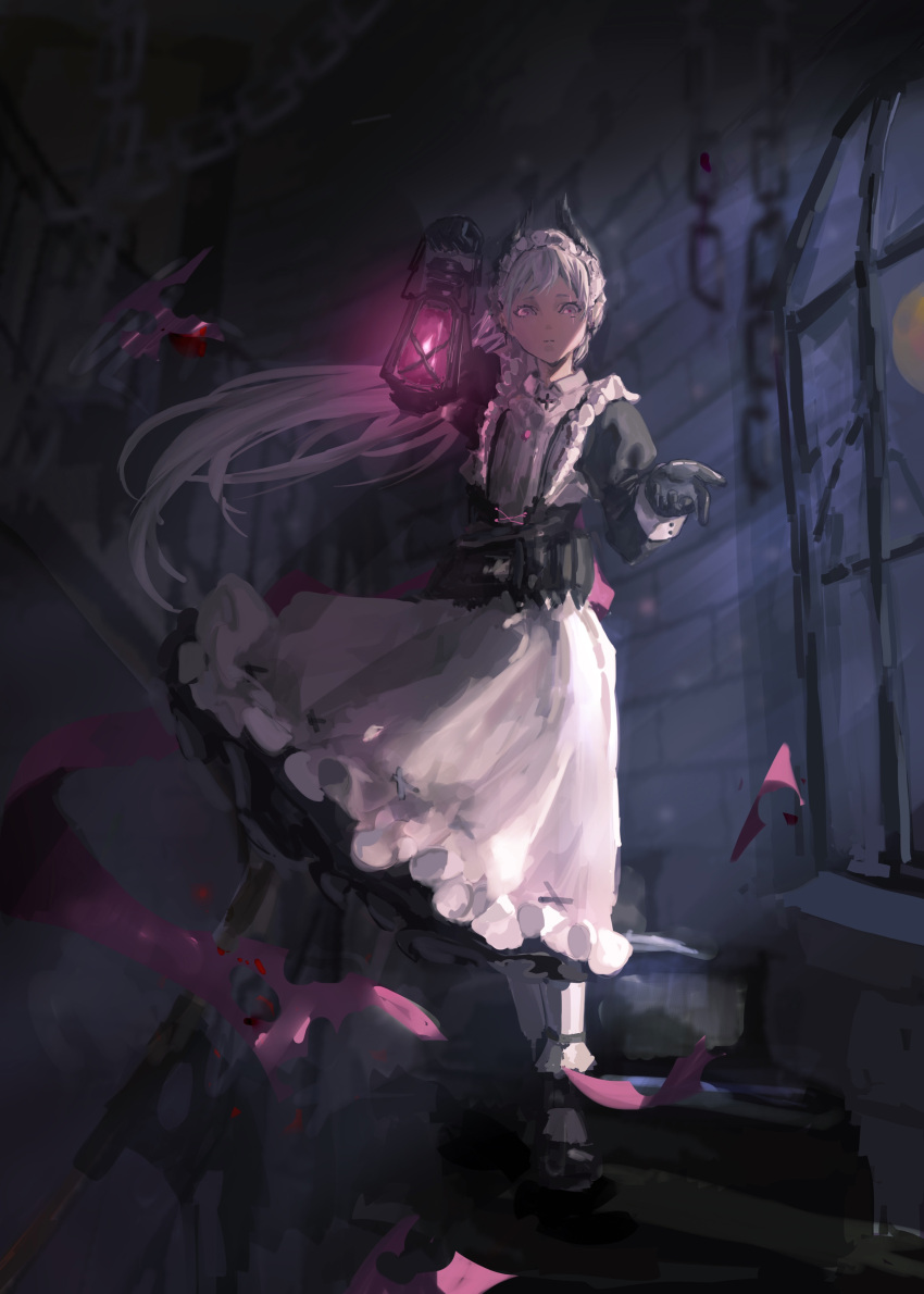 1girl absurdres alternate_costume apron arknights arm_up black_dress black_footwear brick_wall collared_dress commentary_request dress enmaided floating_hair frilled_apron frills grey_eyes grey_hair hand_up highres holding holding_lantern impasto indoors irene_(arknights) juliet_sleeves lantern long_sleeves maid maid_apron pantyhose puffy_sleeves shoes sketch solo stairs stairwell walking white_apron white_pantyhose window woyouzhijiuniyoubing