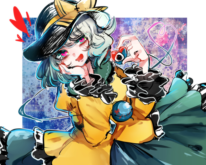1girl abstract_background black_headwear blue_background border bow chin collar collared_shirt commentary_request diamond_(shape) frilled_shirt_collar frilled_skirt frilled_sleeves frills green_collar green_eyes green_hair green_skirt hand_on_own_chin hat hat_bow heart heart_in_eye heart_of_string holding holding_heart komeiji_koishi long_sleeves looking_at_viewer one-hour_drawing_challenge open_mouth red_bow shirt short_hair skirt smile stitched_eye suzune_hapinesu symbol_in_eye third_eye touhou white_border wide_sleeves yellow_bow yellow_shirt