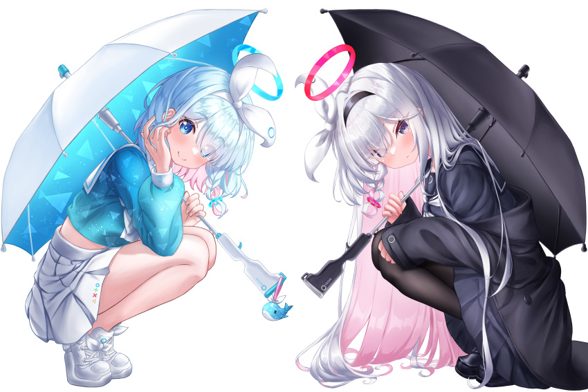 2girls absurdres arona_(blue_archive) bare_legs black_coat black_hairband black_pantyhose black_serafuku black_skirt blue_archive blue_eyes blue_hair blue_serafuku blue_shirt blush bow bowtie braid coat crop_top expressionless from_side full_body gun hair_over_one_eye hair_ribbon hairband hand_on_own_cheek hand_on_own_face hands_up highres holding holding_gun holding_umbrella holding_weapon jacket_pull kneeling kuma_piv leaning_forward legs legs_folded legs_together long_hair long_sleeves looking_at_viewer looking_to_the_side medium_hair midriff midriff_peek miniskirt multicolored_hair multiple_girls neckerchief off_shoulder open_clothes open_coat pantyhose pink_hair pink_pupils plana_(blue_archive) pleated_skirt ribbon sailor_collar school_uniform serafuku shirt single_braid skirt smile staring symmetrical_pose thighs tiptoes two-tone_hair umbrella under_umbrella very_long_hair weapon white_bow white_bowtie white_hair white_hairband white_neckerchief white_ribbon white_skirt
