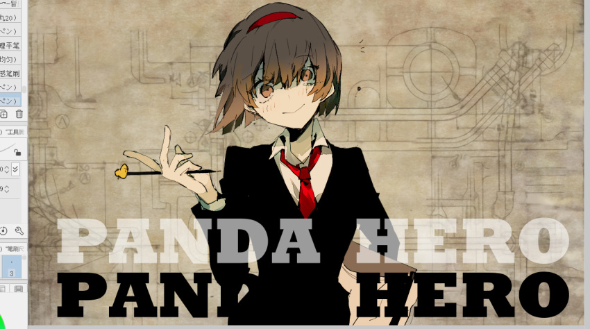 1girl art_program_in_frame black_jacket blush brown_eyes brown_hair closed_mouth collared_shirt hairband he_(minty) holding holding_pen jacket lobotomy_corporation long_sleeves malkuth_(project_moon) necktie panda_hero_(vocaloid) pen project_moon red_hairband red_necktie shirt short_hair smile solo upper_body white_shirt