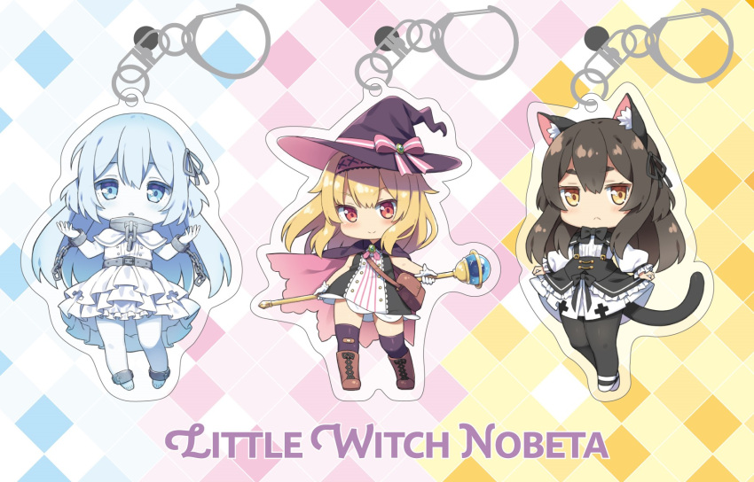 3girls animal_ears black_cat-chan black_hair blonde_hair blue_eyes blue_hair chibi closed_mouth copyright_name english_commentary english_text gloves highres keychain little_witch_nobeta logo long_hair looking_at_viewer multiple_girls nobeta nonota_(little_witch_nobeta) official_art open_mouth standing tail weapon