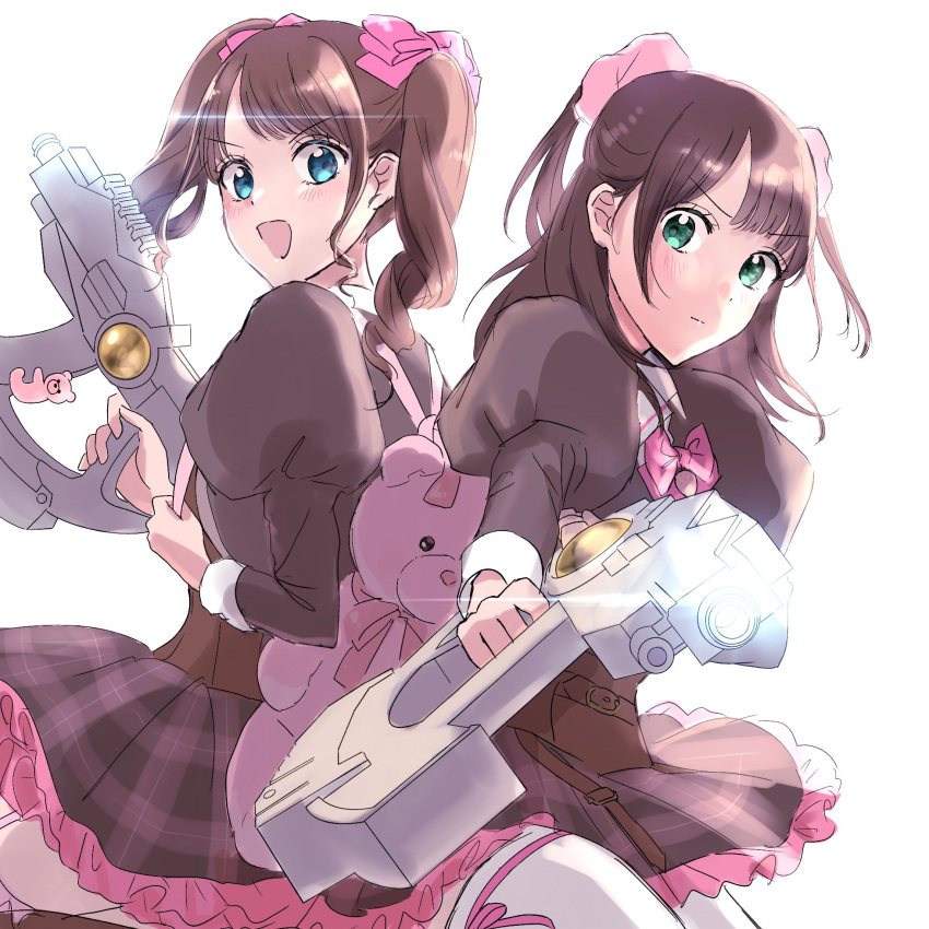 2girls :d aiming aiming_at_viewer animal_bag assault_lily backpack bag bear_bag belt belt_buckle blue_eyes blush bow bowtie brown_belt brown_hair brown_jacket brown_skirt brown_thighhighs buckle charm_(object) closed_mouth commentary_request corset cowboy_shot frilled_skirt frills garter_straps green_eyes gun hair_bow hair_ornament hair_scrunchie hanaoka_angela_moe hands_up highres holding holding_gun holding_strap holding_weapon jacket juliet_sleeves leg_ribbon leg_up long_sleeves looking_at_viewer looking_to_the_side ludvico_private_girls'_academy_school_uniform medium_hair miniskirt multiple_belts multiple_girls narumi_clara_yuuko open_mouth outstretched_arm pink_bow pink_bowtie pink_ribbon pink_scrunchie plaid plaid_skirt puffy_sleeves ribbon school_uniform scrunchie shakeza simple_background skirt smile standing standing_on_one_leg swept_bangs thigh-highs thigh_ribbon twintails two_side_up v-shaped_eyebrows weapon white_background white_thighhighs