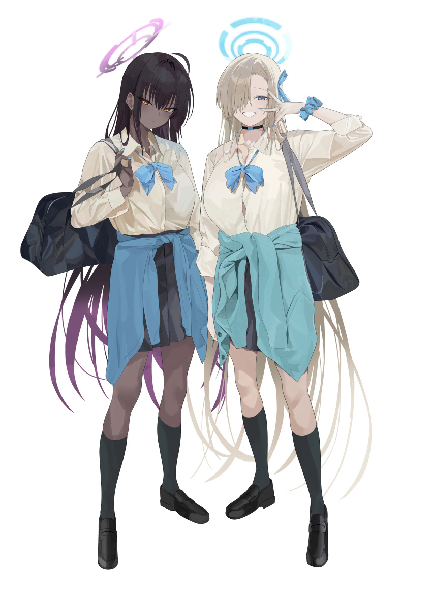 2girls absurdres asuna_(blue_archive) bag black_bag black_footwear black_hair black_skirt black_socks blue_archive blue_bow blue_bowtie blue_eyes blue_ribbon bow bowtie closed_mouth collared_shirt full_body grey_hair hair_ornament hair_over_one_eye hair_ribbon halo hand_up highres karin_(blue_archive) kneehighs long_hair long_sleeves looking_at_viewer multiple_girls one_eye_covered pleated_skirt ribbon school_uniform shirt shirt_tucked_in shoulder_bag simple_background skirt smile socks standing tnr_(horiko1525) white_background white_shirt yellow_eyes