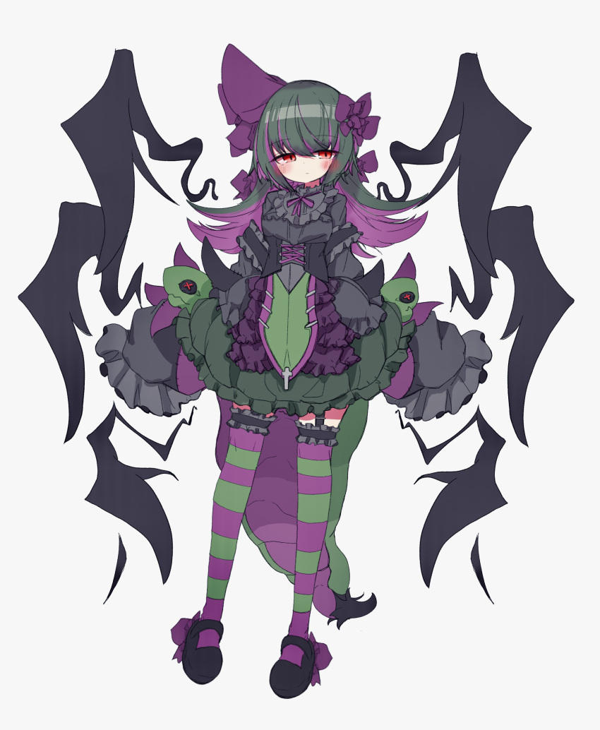 1girl black_corset black_dress black_footwear black_wings blush colored_inner_hair corset detached_wings dress full_body green_hair hair_ribbon highres hydreigon light_blush long_hair looking_at_viewer monster_girl multicolored_hair personification pokemon pokemon_(game) pokemon_bw2 purple_hair purple_ribbon red_eyes rein_(3313) ribbon solo striped striped_thighhighs tail thigh-highs two-tone_hair very_long_sleeves wings zettai_ryouiki