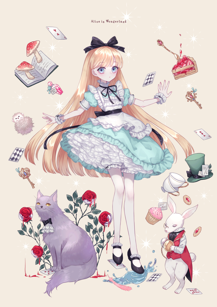 1girl :o absurdres akikawa_higurashi alice_(alice_in_wonderland) alice_in_wonderland animal apron aqua_dress ascot back_bow black_bow black_footwear black_ribbon blonde_hair bloomers blue_eyes book bottle bow card cat cheshire_cat_(alice_in_wonderland) choppy_bangs clothed_animal cookie copyright_name cup cupcake dress drink_me eat_me falling_card feathers flower food fork frilled_apron frilled_dress frilled_shirt_collar frills full_body hair_bow hat hat_removed headwear_removed hedgehog highres holding holding_pocket_watch key liquid long_hair looking_at_viewer mary_janes monocle mushroom neck_ribbon open_book original outstretched_hand paint pale_skin petticoat pie pie_slice plant playing_card pocket_watch puffy_short_sleeves puffy_sleeves purple_cat rabbit ribbon rose shoes short_sleeves socks solo sparkle standing standing_on_liquid teacup thumbprint_cookie top_hat underwear watch white_apron white_ascot white_bloomers white_flower white_rabbit_(alice_in_wonderland) white_rabbit_(animal) white_rose white_socks wrist_cuffs yellow_background