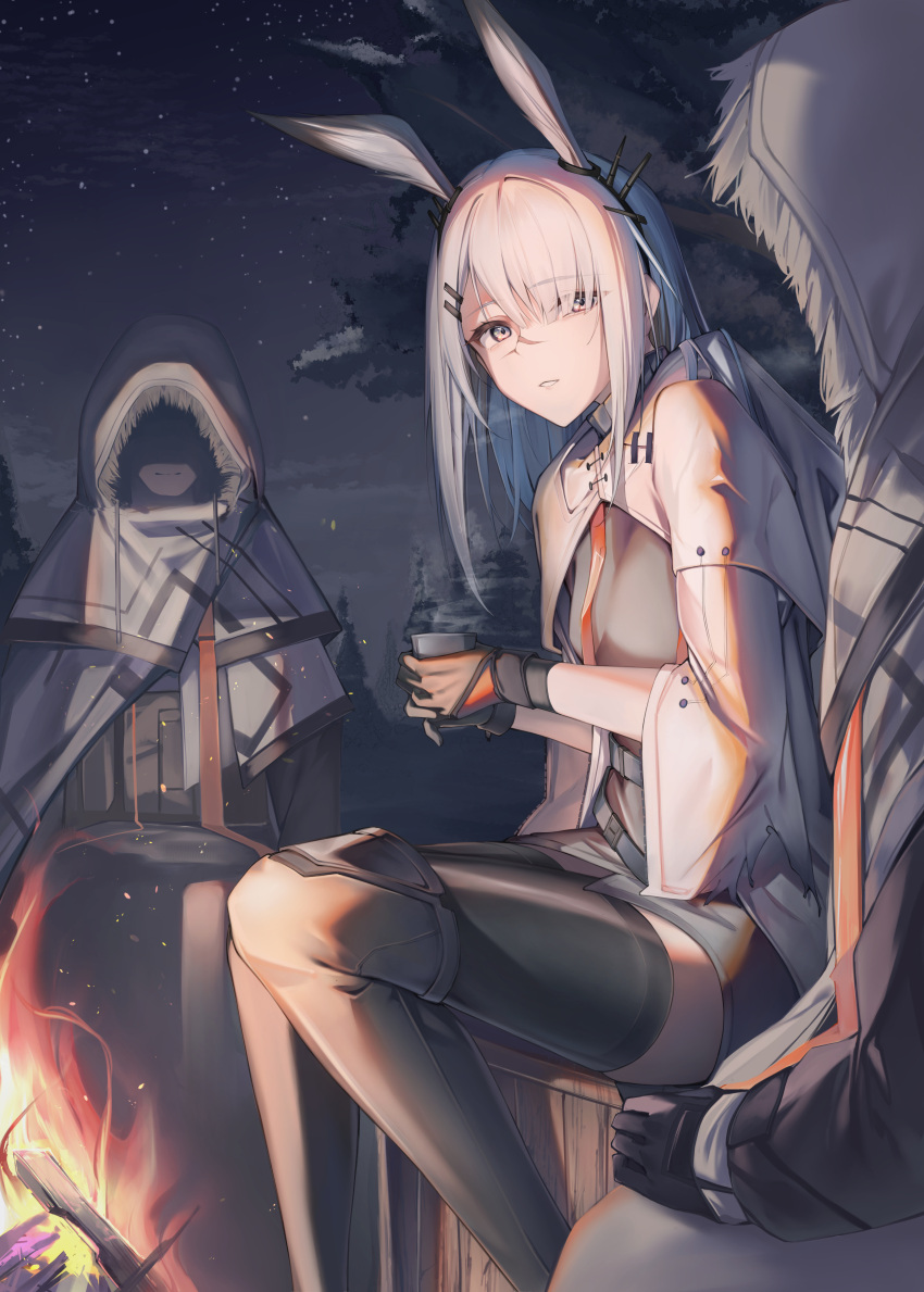 1girl 2others absurdres animal_ears arknights asymmetrical_bangs black_skirt black_thighhighs breasts campfire closed_mouth coat cup frostnova_(arknights) fur-trimmed_hood fur_trim gloves grey_eyes hair_over_one_eye highres holding holding_cup hood hood_up hooded_coat long_hair multiple_others night night_sky outdoors parted_lips r_oot rabbit_ears rabbit_girl scar scar_on_face scar_on_nose sitting skirt sky small_breasts solo_focus star_(sky) starry_sky steam thigh-highs tree white_coat white_hair yeti_caster_leader_(arknights) zettai_ryouiki