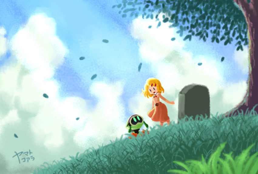 1girl belt belt_buckle blonde_hair blue_eyes blue_sky blush_stickers bow bowtie buckle clouds collar collared_shirt commentary_request falling_leaves grass green_eyes hair_ornament hairclip highres hill koaraymt leaf long_sleeves looking_at_another medium_skirt open_mouth orange_belt orange_shirt orange_skirt original outdoors red_bow red_bowtie robot shirt short_hair signature skirt sky smile solid_oval_eyes sunlight tombstone tree white_collar