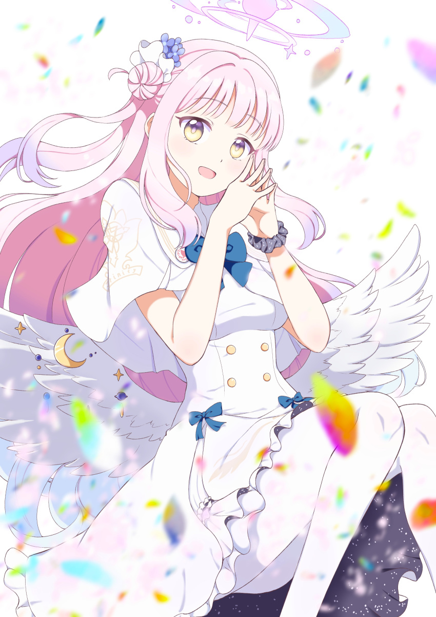 1girl absurdres bd29ki blue_archive blue_bow blue_bowtie bow bowtie breasts buttons capelet hair_bun halo highres low_wings mika_(blue_archive) pink_hair scrunchie single_hair_bun solo white_capelet wing_ornament wings wrist_scrunchie yellow_eyes