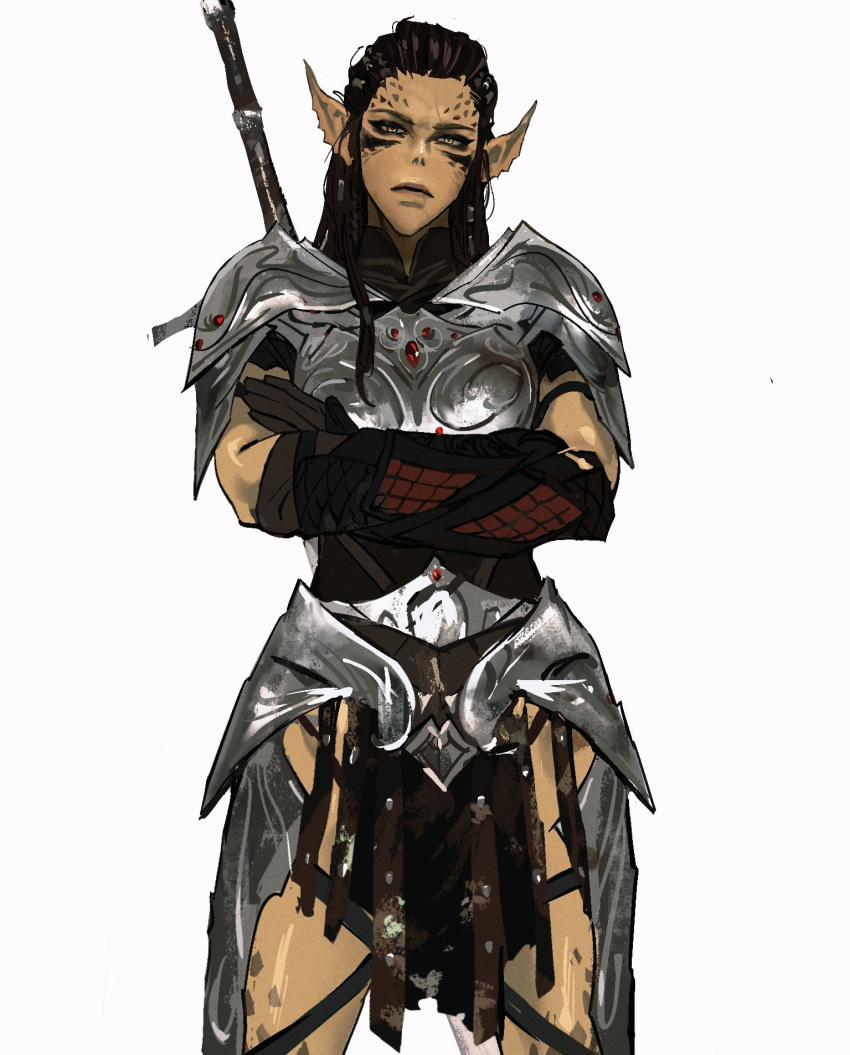 1girl armor baldur's_gate baldur's_gate_3 body_markings breasts colored_skin cowboy_shot crossed_arms facial_mark faulds gauntlets green_skin highres lae'zel_(baldur's_gate) long_hair looking_at_viewer makeup monster_girl pointy_ears simple_background solo sword weapon weapon_on_back white_background xinanfang217
