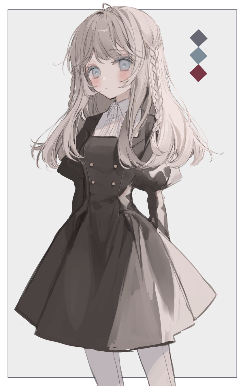 1girl absurdres arms_behind_back black_dress blue_eyes blush braid closed_mouth commentary dress grey_background highres kyuumura long_hair long_sleeves looking_at_viewer original pantyhose puffy_sleeves solo symbol-only_commentary white_hair white_pantyhose