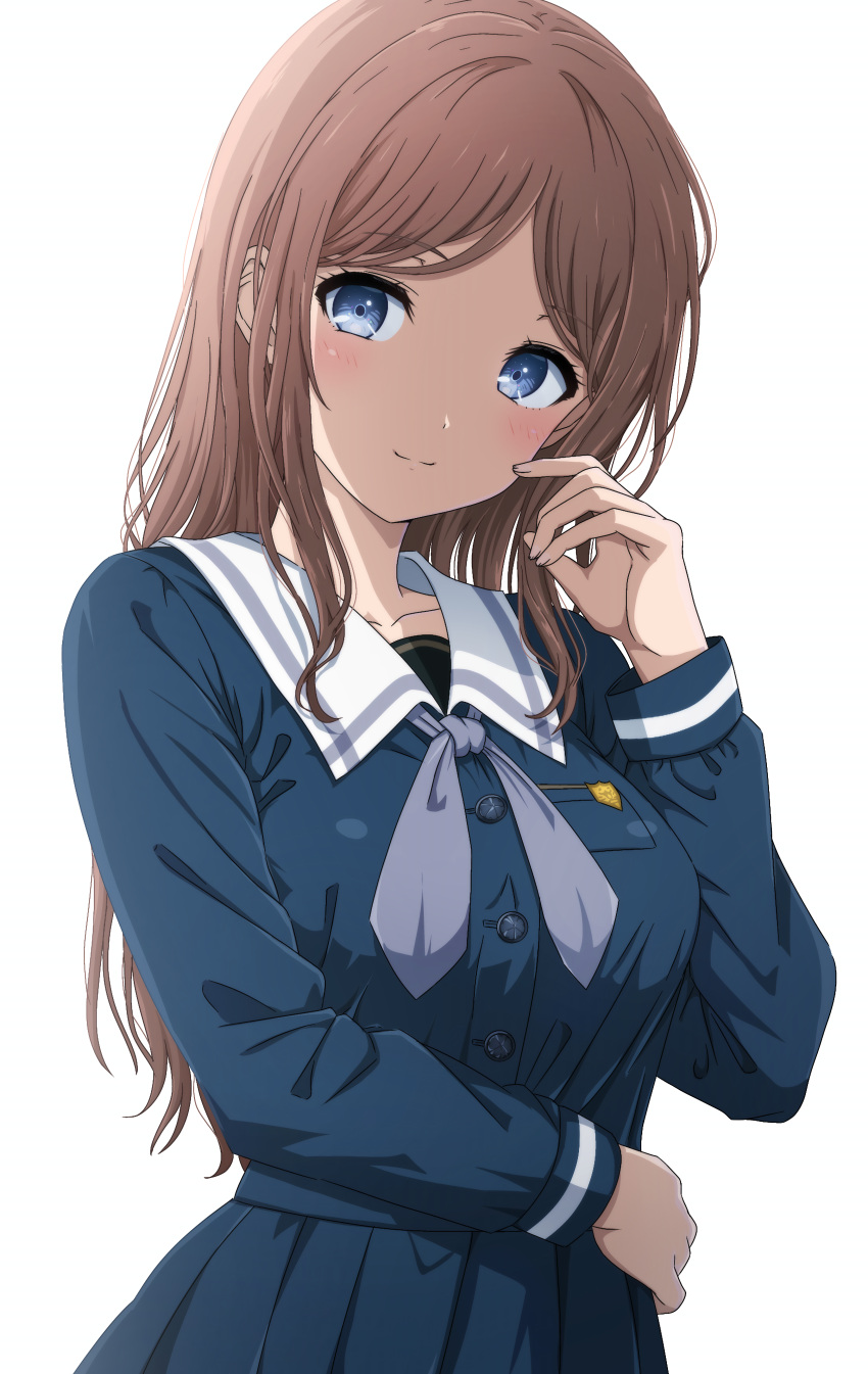 1girl absurdres arm_across_waist bang_dream! blue_eyes blue_shirt blue_skirt blush breast_pocket breasts brown_hair buttons closed_mouth commentary grey_neckerchief hand_on_own_hip hand_up highres large_breasts light_smile long_hair long_sleeves looking_at_viewer nagasaki_soyo neckerchief noshimurin parted_bangs pleated_skirt pocket sailor_collar school_uniform serafuku shirt sidelocks simple_background skirt solo standing tsukinomori_school_uniform upper_body white_background white_sailor_collar