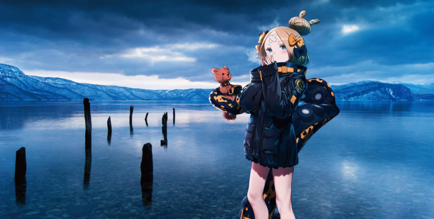 1girl abigail_williams_(fate) abigail_williams_(traveling_outfit)_(fate) aomori_prefecture bandaid bandaid_on_face bandaid_on_forehead black_bow black_jacket blonde_hair blue_eyes blush bow breath clouds crossed_bandaids fate/grand_order fate_(series) feet_out_of_frame hair_bow hair_bun highres jacket kuroboshi_kouhaku lake long_hair multiple_hair_bows official_art orange_bow outdoors overcast own_hands_together parted_bangs photo_background polka_dot polka_dot_bow single_hair_bun sky sleeves_past_wrists solo stuffed_animal stuffed_toy suction_cups teddy_bear tentacles water