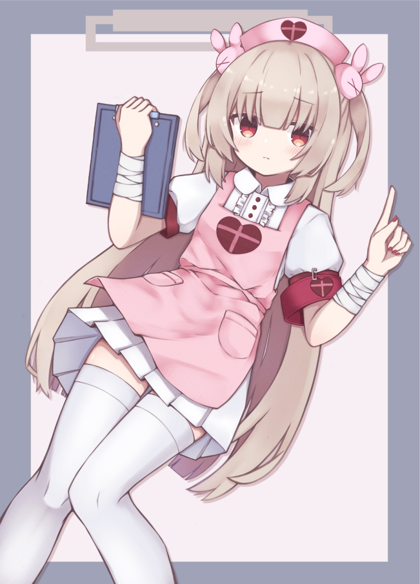 &gt;_&lt; 1girl apron armband bandaged_arm bandaged_wrist bandages blonde_hair blush center_frills clipboard closed_mouth collared_dress commentary_request dress frills hair_ornament hands_up hat heart heart_print highres holding holding_clipboard index_finger_raised long_hair looking_at_viewer nail_polish natori_sana nurse_cap pink_apron pink_headwear pocket puffy_short_sleeves puffy_sleeves rabbit_hair_ornament red_armband red_eyes red_nails safety_pin sana_channel short_sleeves solo sunsan thigh-highs two_side_up very_long_hair virtual_youtuber white_dress white_thighhighs