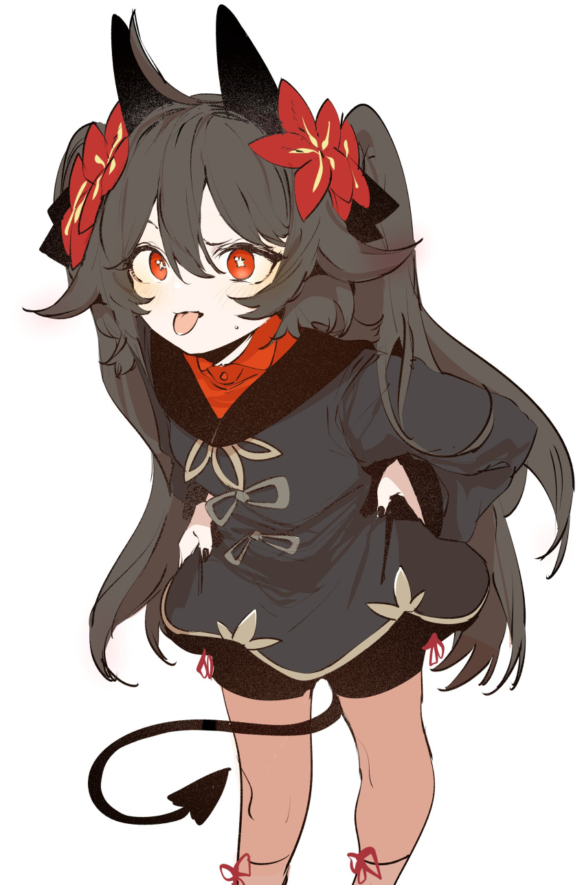 1girl :p absurdres ahoge animal_ears black_coat black_hair black_nails black_ribbon black_shorts black_tail blush coat ddari demon_tail feet_out_of_frame flower genshin_impact hair_between_eyes hair_flower hair_ornament hair_ribbon hands_on_own_hips highres hu_tao_(genshin_impact) korean_commentary leaning_forward long_hair long_sleeves looking_at_viewer red_eyes red_flower ribbon shorts simple_background sketch solo tail tongue tongue_out twintails white_background