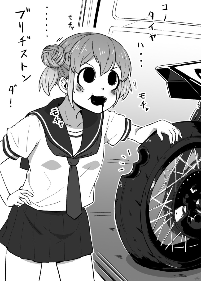 ! ... 1girl 4shi bite_mark chewing collarbone cowboy_shot dango-chan_(4shi) dot_nose double_bun flat_tire gradient_background grey_background greyscale hair_between_eyes hair_bun hand_on_own_hip hand_up highres hollow_eyes hollow_mouth leaning_forward medium_hair miniskirt monochrome motor_vehicle motorcycle necktie open_mouth original outline pleated_skirt sailor_collar school_uniform serafuku shadow shirt short_sleeves sidelocks skirt smile solo tire translation_request upturned_eyes v-shaped_eyebrows white_outline