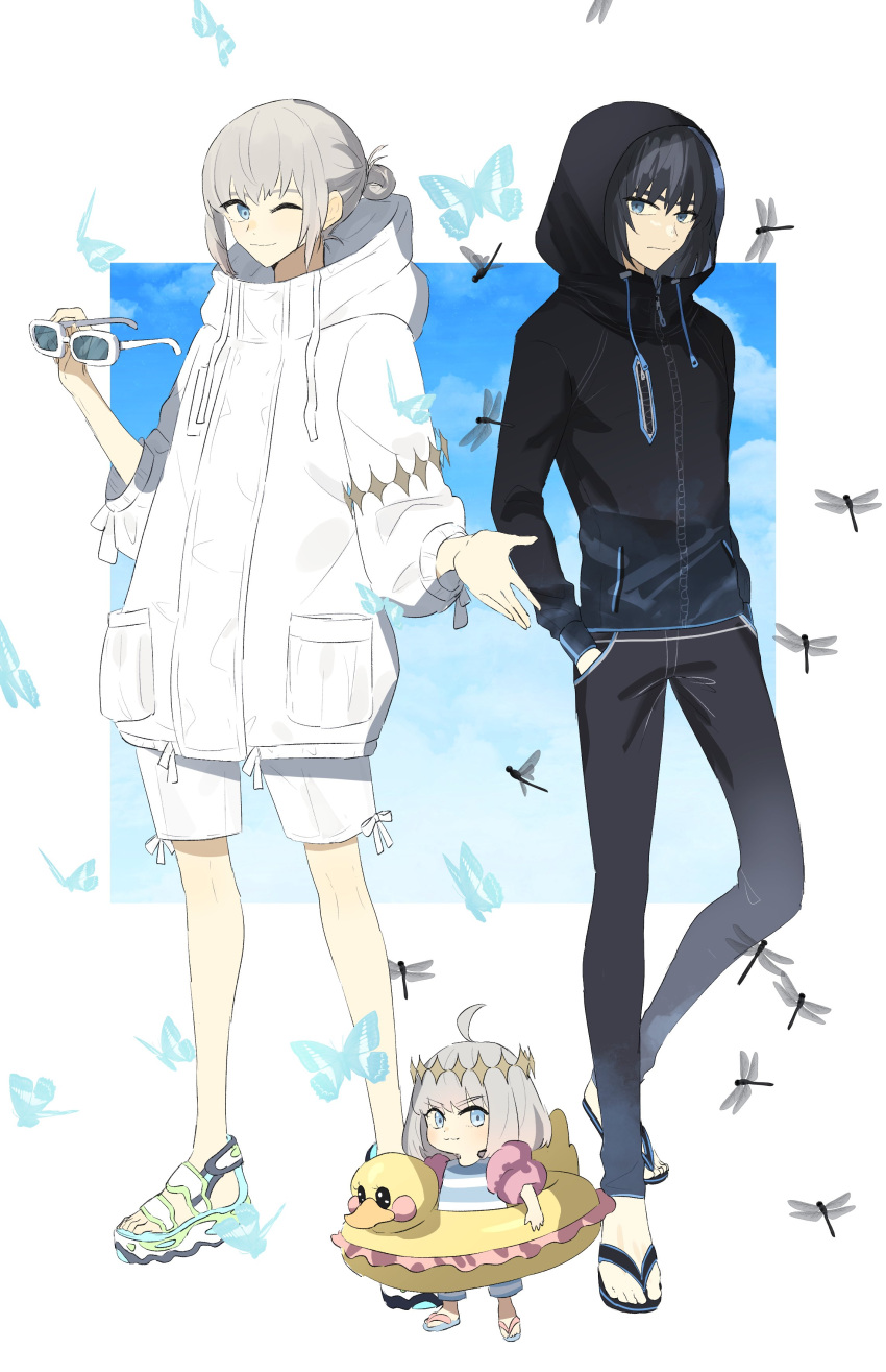 2boys absurdres black_hair black_hoodie blue_eyes chibi closed_mouth dual_persona eyewear_removed fate/grand_order fate_(series) full_body grey_hair hair_between_eyes hands_in_pockets highres holding holding_removed_eyewear hood hoodie innertube looking_at_viewer multiple_boys multiple_persona ninjin_(ne_f_g_o) oberon_(fate) oberon_(third_ascension)_(fate) one_eye_closed rubber_duck sandals smile standing sunglasses