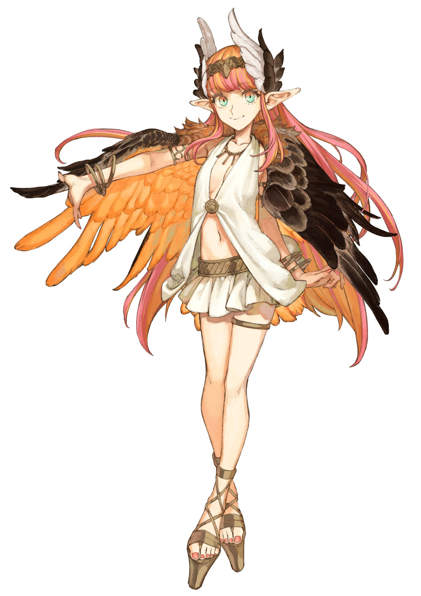 1girl absurdres bracelet breasts breath brown_wings circe_(fate) circlet cross-laced_footwear cross-laced_sandals dress fate/grand_order fate/samurai_remnant fate_(series) feathered_wings full_body head_wings high_heels highres jewelry long_hair looking_at_viewer multicolored_eyes multicolored_hair nail_polish navel necklace official_art orange_hair pink_hair pointy_ears skirt small_breasts smile solo thighlet wataru_rei white_dress wings