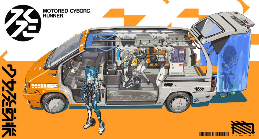 4girls absurdres afukuro blonde_hair blue_hair car curtains cyborg full_body highres joints leggings long_hair maintenance motor_vehicle multiple_girls orange_background original robot_joints roller_skates science_fiction shoes short_hair shorts shoujo_hatsudouki sitting skates sneakers standing stretching thigh-highs toolbox tools two-tone_background undressing very_long_hair white_background white_hair x-ray