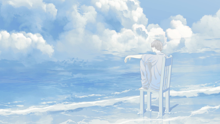 1boy blue_sky chair clouds day halo highres light_brown_hair male_focus ocean original outdoors pants scenery shion_08 shirt short_hair sitting sky solo water white_pants white_shirt