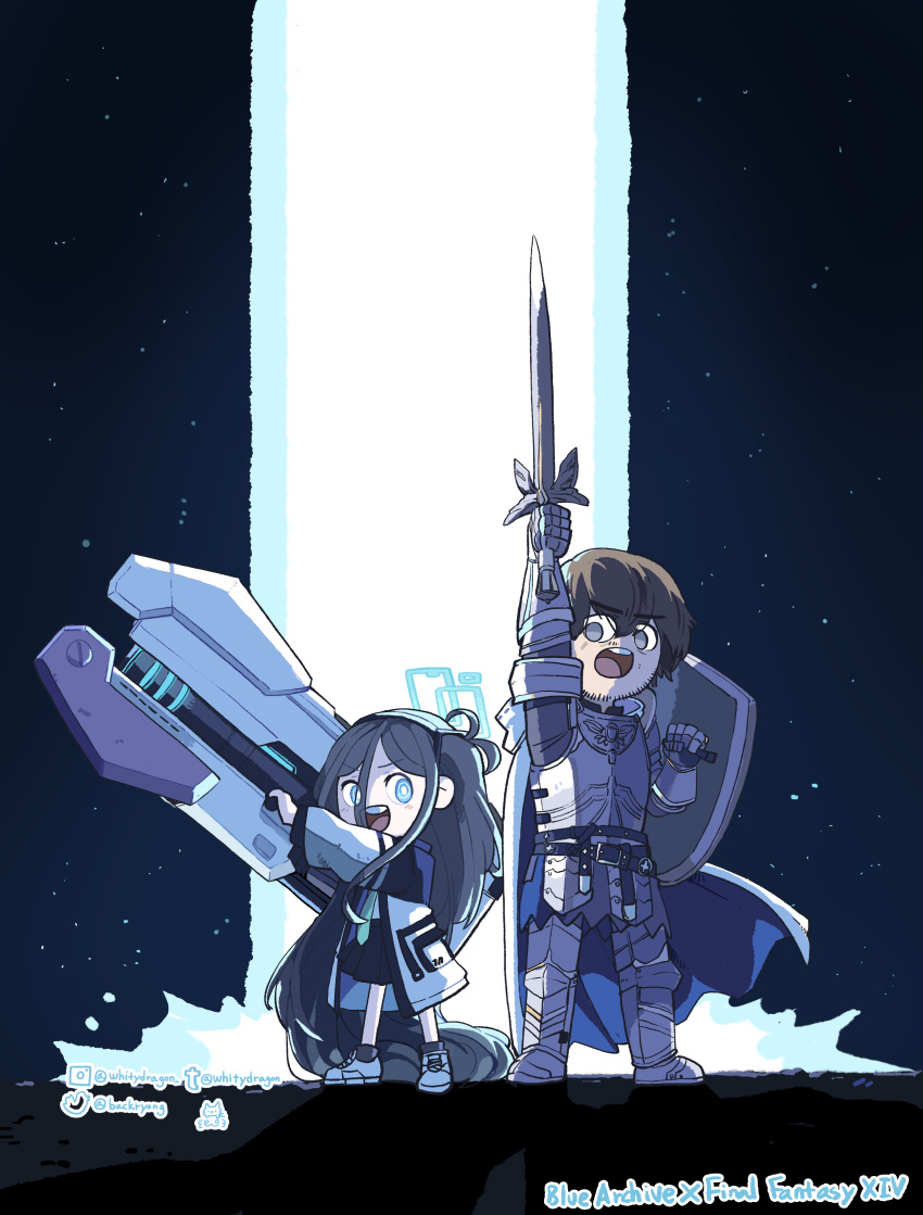 1boy 1girl absurdres adventurer_(ff14) aris_(blue_archive) armor black_hair blue_archive brown_hair chibi crossover english_commentary facial_hair final_fantasy final_fantasy_xiv full_body gun halo height_difference highres holding holding_gun holding_shield holding_sword holding_weapon instagram_username legs_apart light_pillar looking_at_another looking_at_viewer outstretched_hand plate_armor railgun shield standing sword tumblr_username twitter_username warrior_of_light_(ff14) weapon whitydragon