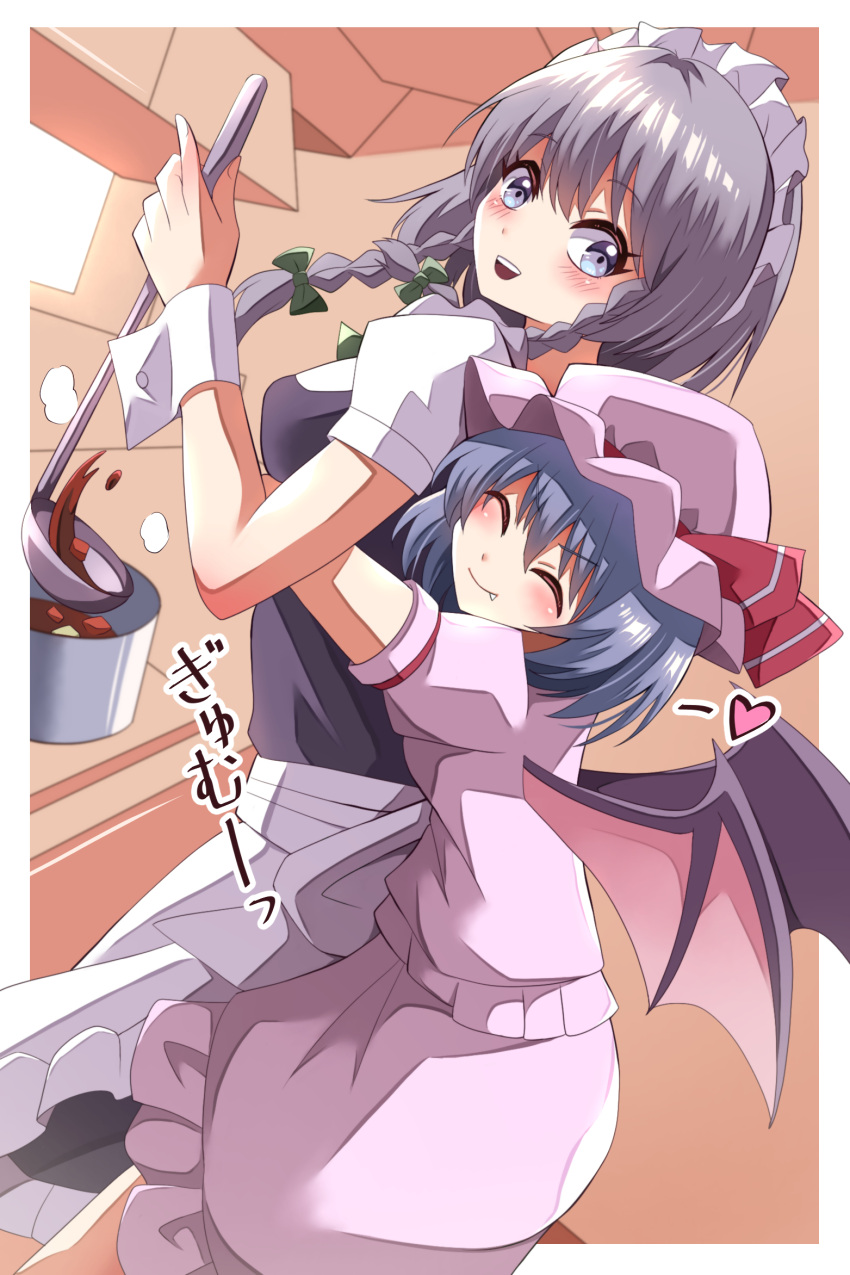 2girls apron bat_wings blue_eyes blue_hair blush braid closed_eyes closed_mouth cooking fang grey_hair happy_ginko heart height_difference highres hug indoors izayoi_sakuya maid maid_apron maid_headdress multiple_girls open_mouth remilia_scarlet smile teeth touhou twintails upper_teeth_only vampire wings
