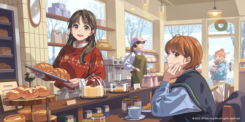 4girls apron bag bakery baseball_cap bell_jar bf._(sogogiching) blonde_hair bread brown_hair cafe cake chair christmas_wreath clock coffee_maker_(object) coffee_pot commentary croissant cup english_text food hat holding holding_tray indoors light_brown_hair long_hair multiple_girls original paper_bag pie plate saucer shop short_hair snow snowing sweater teacup tray wall_clock woollen_cap wreath
