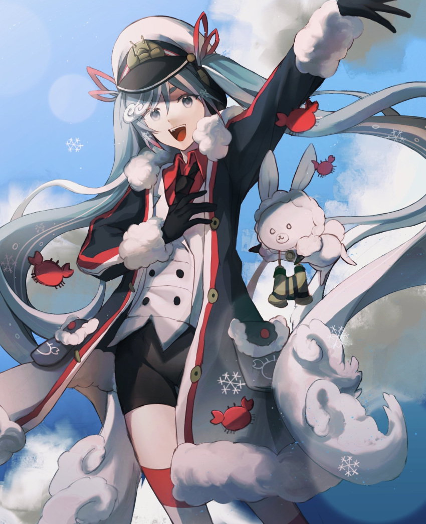 1girl aqua_hair binoculars black_gloves black_necktie black_shorts blue_coat blue_eyes blue_sky buttons clouds coat collared_jacket collared_shirt commentary crab_print eyelashes fur_trim gloves gradient_coat hair_ribbon hand_on_own_chest hat hatsune_miku highres jacket kneehighs komatsu2536 long_hair long_sleeves looking_at_viewer necktie official_alternate_costume open_clothes open_coat open_mouth outdoors outstretched_arm pocket rabbit rabbit_yukine red_ribbon red_shirt ribbon sailor_hat shirt shorts sky smile snowflake_print snowflakes snowing socks symbol-only_commentary teeth twintails upper_teeth_only very_long_hair vocaloid white_headwear white_jacket white_socks yuki_miku yuki_miku_(2022)