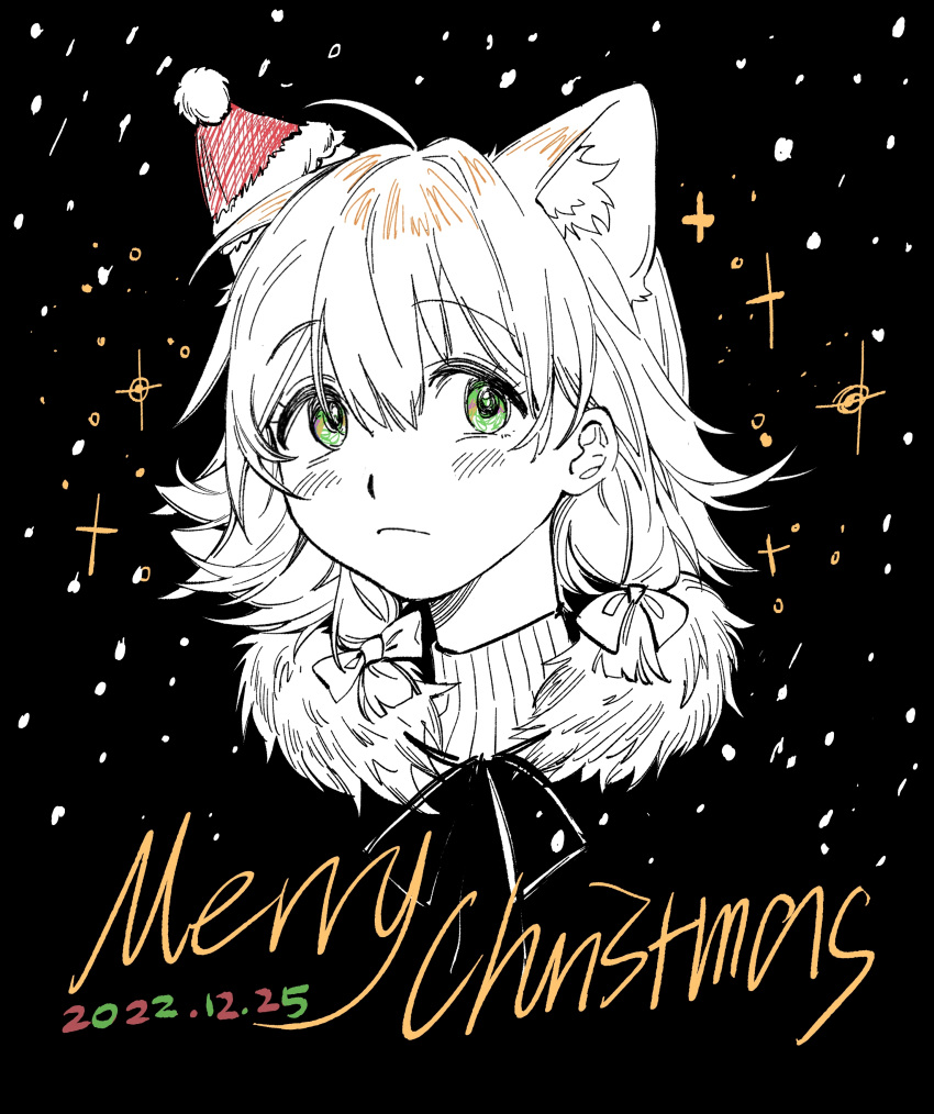 1girl absurdres animal_ears cat_ears cat_girl closed_mouth commentary_request dated english_text fur-trimmed_jacket fur_trim green_eyes hair_ribbon hat highres jacket merry_christmas mini_hat mini_santa_hat original ououren ribbed_sweater ribbon santa_hat sketch solo sweater