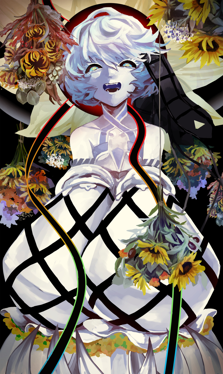 absurdres black_ribbon black_sclera black_tongue breasts colored_sclera colored_skin dress fate/grand_order fate_(series) flower hair_ornament highres long_sleeves looking_at_viewer open_mouth puffy_long_sleeves puffy_sleeves ribbon shimogamo_(shimomo_12) short_hair small_breasts sunflower teeth tongue van_gogh_(fate) van_gogh_(third_ascension)_(fate) white_dress white_eyes white_hair white_skin white_sleeves yellow_flower yellow_pupils