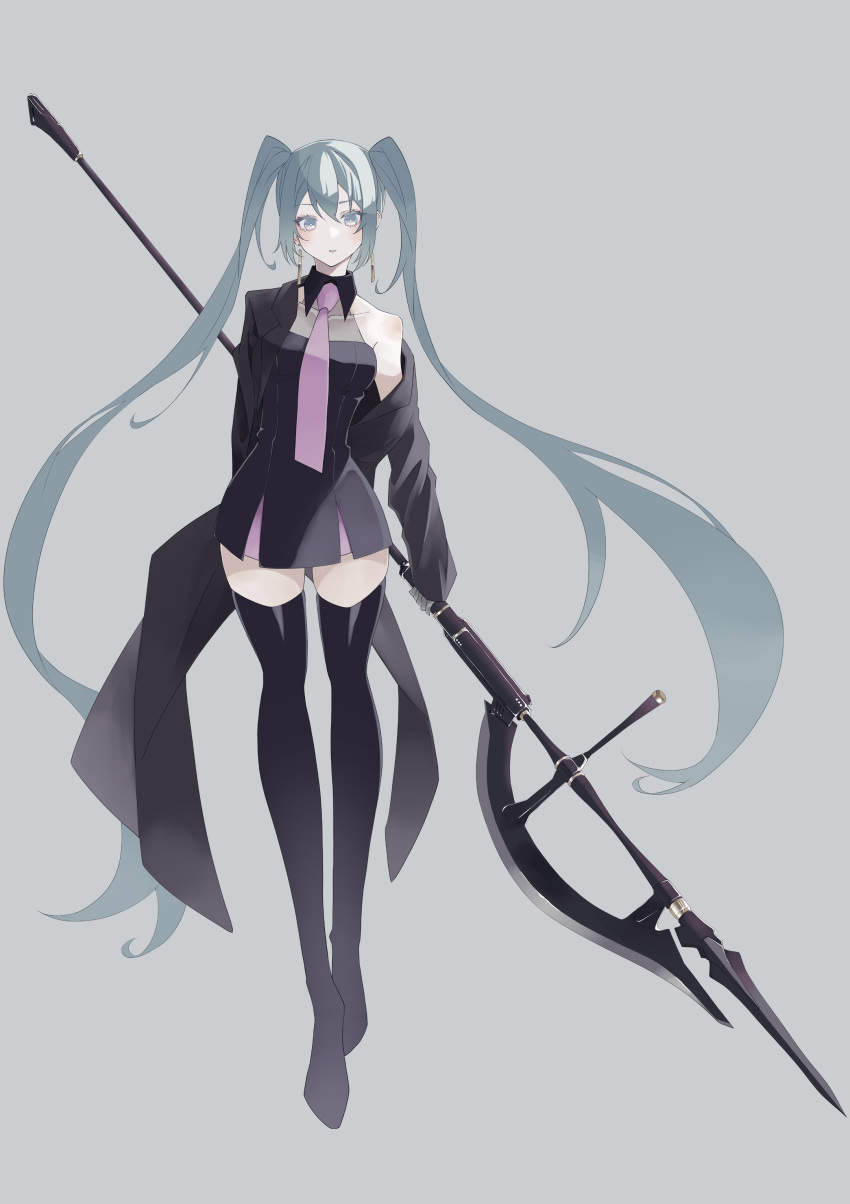 1girl absurdres black_thighhighs blue_eyes blue_hair collared_dress dress grey_background halberd halter_dress halterneck hatsune_miku highres holding holding_weapon jacket jacket_partially_removed kazuna_(kazzzuna) long_hair looking_at_viewer necktie parted_lips pink_necktie polearm single_bare_shoulder solo thigh-highs twintails very_long_hair vocaloid weapon zettai_ryouiki