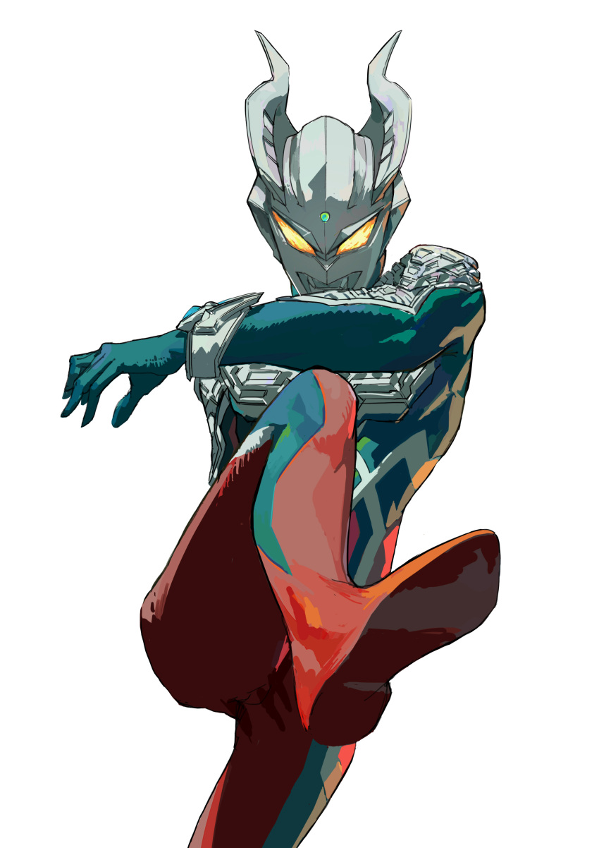 1boy absurdres alien armor bodysuit commentary_request dahe_z glowing glowing_eyes helmet highres horns leg_up looking_at_viewer male_focus pointing pointing_forward science_fiction solo standing standing_on_one_leg ultra_series ultraman_zero ultraman_zero_the_movie upper_body vambraces white_background yellow_eyes