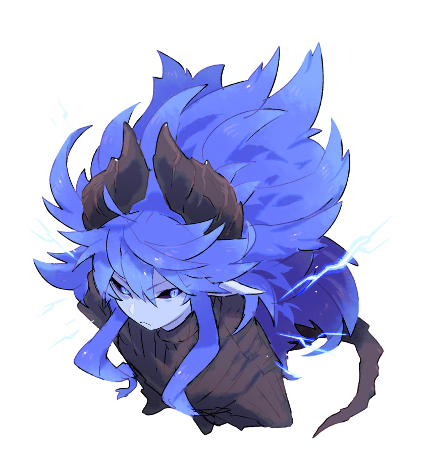 1boy black_horns black_sclera black_sweater black_tail blue_eyes blue_hair blue_skin closed_mouth colored_sclera colored_skin dragon_horns dragon_tail electricity foreshortening full_body hair_between_eyes highres horns inu_fuji long_hair looking_at_viewer male_focus original pointy_ears sidelocks simple_background slit_pupils solo standing sweater tail turtleneck turtleneck_sweater very_long_hair white_background