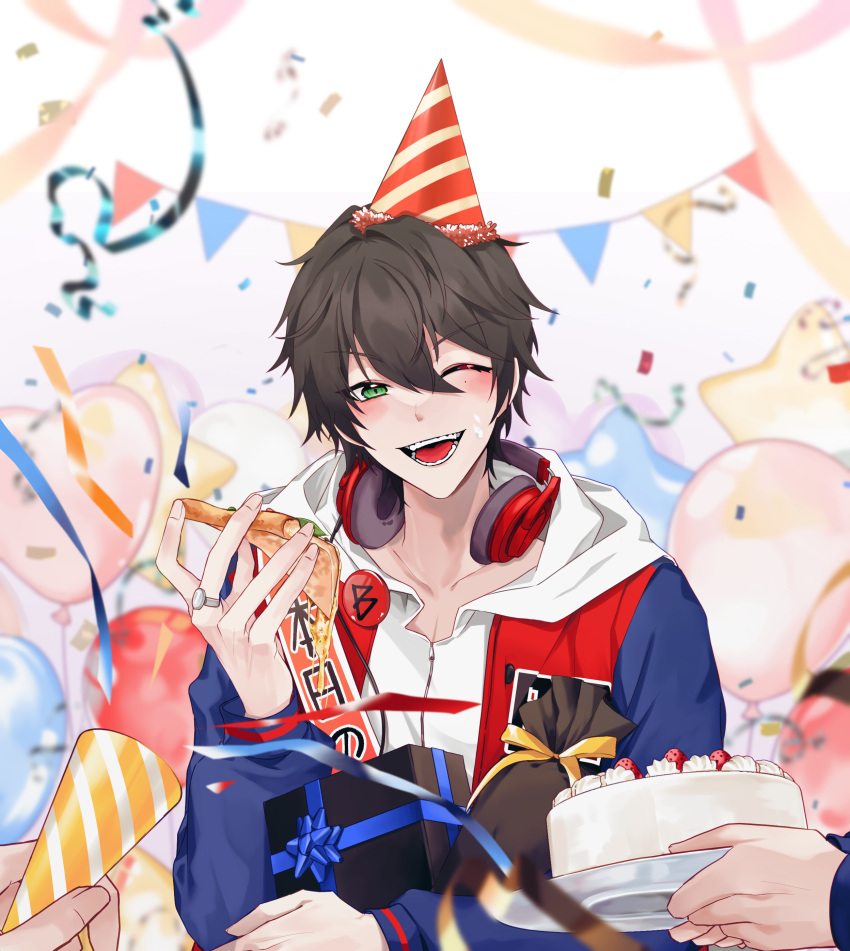 1boy absurdres badge balloon black_hair blurry blurry_background blush button_badge cake confetti eating english_commentary food food_on_face gift green_eyes hat headphones headphones_around_neck heart_balloon highres hypnosis_mic jacket jewelry lasen_illust long_sleeves male_focus open_mouth party_hat party_popper pizza ring solo_focus star_balloon string_of_flags striped striped_headwear upper_body yamada_ichiro