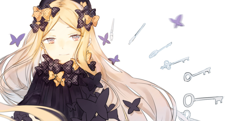 1girl abigail_williams_(fate) black_bow black_dress blonde_hair bow caddy_cyd dress fate/grand_order fate_(series) floating_hair hair_bow key light_smile long_hair looking_at_viewer multiple_hair_bows orange_bow parted_bangs parted_lips polka_dot polka_dot_bow red_eyes solo upper_body white_background