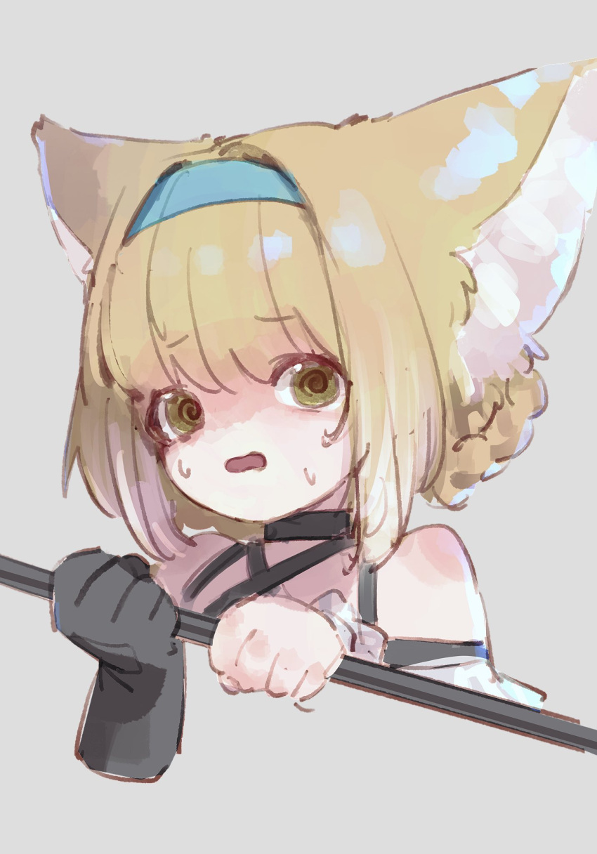 1girl @_@ animal_ear_fluff animal_ears arknights bare_shoulders black_gloves blue_hairband commentary_request cropped_torso fox_ears fox_girl gloves green_eyes grey_background hairband highres holding holding_staff niwatori_(akira_207) open_mouth scared simple_background single_glove staff suzuran_(arknights) sweat