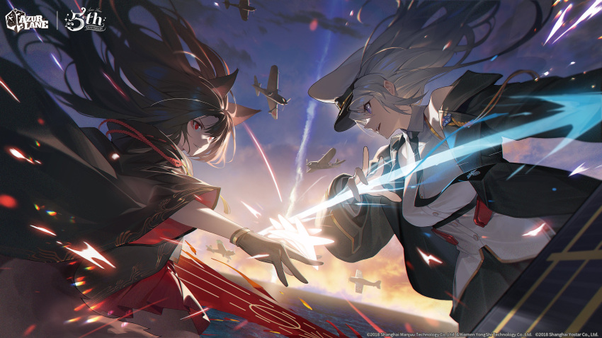 2girls absurdres aircraft airplane akagi_(azur_lane) animal_ears anniversary azur_lane battle black_coat black_gloves black_kimono black_necktie black_skirt breasts brown_hair chest_harness clouds cloudy_sky coat commentary copyright_name corset cowboy_shot dress_shirt english_commentary enterprise_(azur_lane) eyeshadow floating_hair fox_ears fox_girl gloves gold_trim hair_between_eyes harness hat highres japanese_clothes kexue kimono logo long_hair looking_at_another makeup medium_breasts multiple_girls necktie ocean off_shoulder official_art open_clothes open_coat outdoors parted_lips peaked_cap profile red_eyes red_eyeshadow red_skirt second-party_source shirt skirt sky sleeveless sleeveless_shirt slit_pupils smile smirk sunrise tassel violet_eyes watermark white_hair white_headwear white_shirt wide_sleeves wing_collar