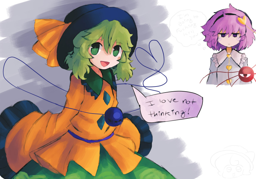 2girls :| absurdres closed_mouth commentary english_text green_eyes green_hair heart highres iesonatana komeiji_koishi komeiji_satori looking_at_viewer multiple_girls open_mouth pink_hair sleeves_past_fingers sleeves_past_wrists smile speech_bubble tagme touhou upper_body violet_eyes white_background