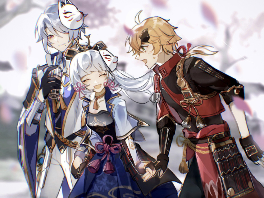 1girl 2boys agemaki_knot ahoge arm_at_side arm_guards armor asymmetrical_armor asymmetrical_hair belt black_armor black_gloves black_headband black_jacket black_pants black_shirt blonde_hair blue_hair blue_jacket blue_skirt blurry blurry_background breastplate bubble_tea chinese_knot choker closed_eyes closed_mouth cowboy_shot cup depth_of_field disposable_cup dog_tags dou drink drinking_straw family_crest fingerless_gloves flower_knot fox_mask genshin_impact gloves gold_tassel gold_trim green_eyes grey_hair hair_ornament hair_ribbon hand_grab hand_up headband highres holding holding_cup holding_drink jacket japanese_armor japanese_clothes jewelry kamisato_ayaka kamisato_ayato kote kusazuri light_blush light_smile long_hair long_sleeves looking_at_another looking_down mask mask_on_head medium_hair mole mole_under_eye mole_under_mouth multicolored_clothes multicolored_jacket multiple_boys necklace open_mouth outdoors pants petals ponytail purple_shirt purple_tassel red_jacket ribbon shirt short_sleeves shoulder_armor skirt sleeves_rolled_up smile sode sweat tassel_choker thoma_(genshin_impact) tress_ribbon two-sided_fabric two-sided_jacket two-tone_jacket user_fhfk2887 violet_eyes vision_(genshin_impact) walking white_jacket white_mask white_pants wide_sleeves