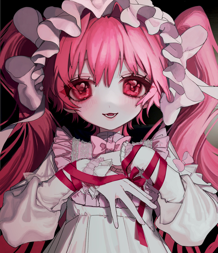 1girl absurdres bow bowtie commentary dress frilled_sleeves frills hairband hands_up heart heart_in_eye highres lolita_hairband long_hair long_sleeves looking_at_viewer lower_teeth_only numata_zombie open_mouth original pink_bow pink_bowtie pink_eyes pink_hair pink_nails red_ribbon ribbon smile solo symbol-only_commentary symbol_in_eye teeth twintails upper_body very_long_hair white_bow white_dress