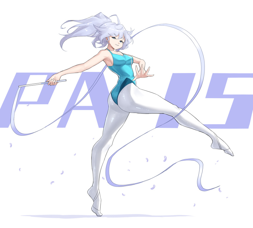 1girl absurdres armpits blue_eyes english_text girls_frontline gymnastics gymnastics_ribbon highres leotard looking_at_viewer official_alternate_costume pa-15_(dance_in_the_ice_sea)_(girls'_frontline) pa-15_(girls'_frontline) pantyhose ponytail rhythmic_gymnastics solo standing standing_on_one_leg thigh-highs thighs toe_shoes tofu_(killer150) white_background white_hair white_thighhighs