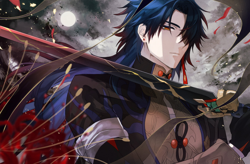 1boy absurdres black_gloves black_jacket blade_(honkai:_star_rail) clouds cloudy_sky earrings expressionless falling_petals flower full_moon gloves highres holding holding_sword holding_weapon honkai:_star_rail honkai_(series) jacket jewelry long_hair looking_at_viewer male_focus moon night night_sky outdoors parted_bangs petals red_eyes red_flower sky solo spider_lily sword tassel tassel_earrings upper_body weapon xing139057